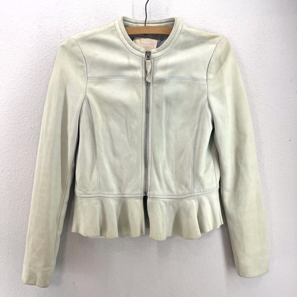 Rebecca Taylor Leather Moto Jacket Sz 2 Light Green Ruffle Peplum Pastel Chic